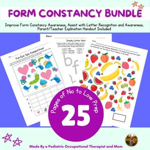 Puede incluir: Un folleto de actividades educativas imprimible para niños con 25 páginas de actividades de "Constancia de forma". La portada presenta una ilustración colorida de una variedad de frutas y un título que dice "Form Constancy Bundle". El folleto está diseñado para ayudar a los niños a mejorar su conciencia de la constancia de la forma y ayudar con el reconocimiento de letras.