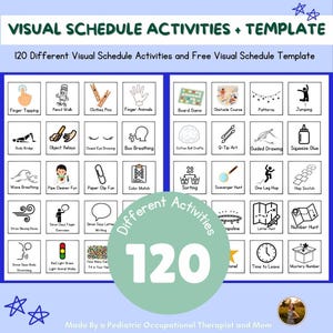 May include: A visual schedule template with 120 different activities for children. The template includes images of activities such as finger tapping, pencil walk, clothes pins, finger animals, board game, obstacle course, patterns, jumping, body bridge, object relays, closed eye drawing, box breathing, cotton ball crafts, q-tip art, guided drawing, squeeze glue, wave breathing, pipe cleaner fun, paper clip fun, color match, sorting, scavenger hunt, one leg hop, hop scotch, straw blowing races, Simon says finger exercises, Simon says letter writing, Simon says body stretching, red light green light animal walk, how many can fit in your hand, jump rope, letter hunt, number hunt, time to leave, and mystery number.