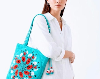Bolso de mano con flores de ganchillo hecho a mano, bolso de hombro Blue Market