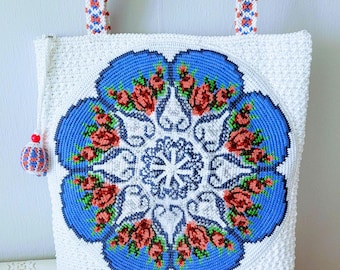 Bolso de ganchillo blanco con forma de rosa, bolso de hombro grande con asa de macramé, estilo bohemio.