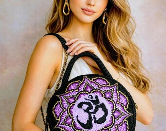 Bolso de hombro de loto de crochet, arte para llevar, hecho a mano