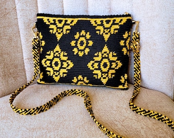Mini bolso de ganchillo hecho a mano, bolso de mano artístico, correa de macramé
