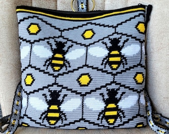 Mochila de abeja tejida a crochet hecha a mano: bolso para laptop, inspiración Wayuu