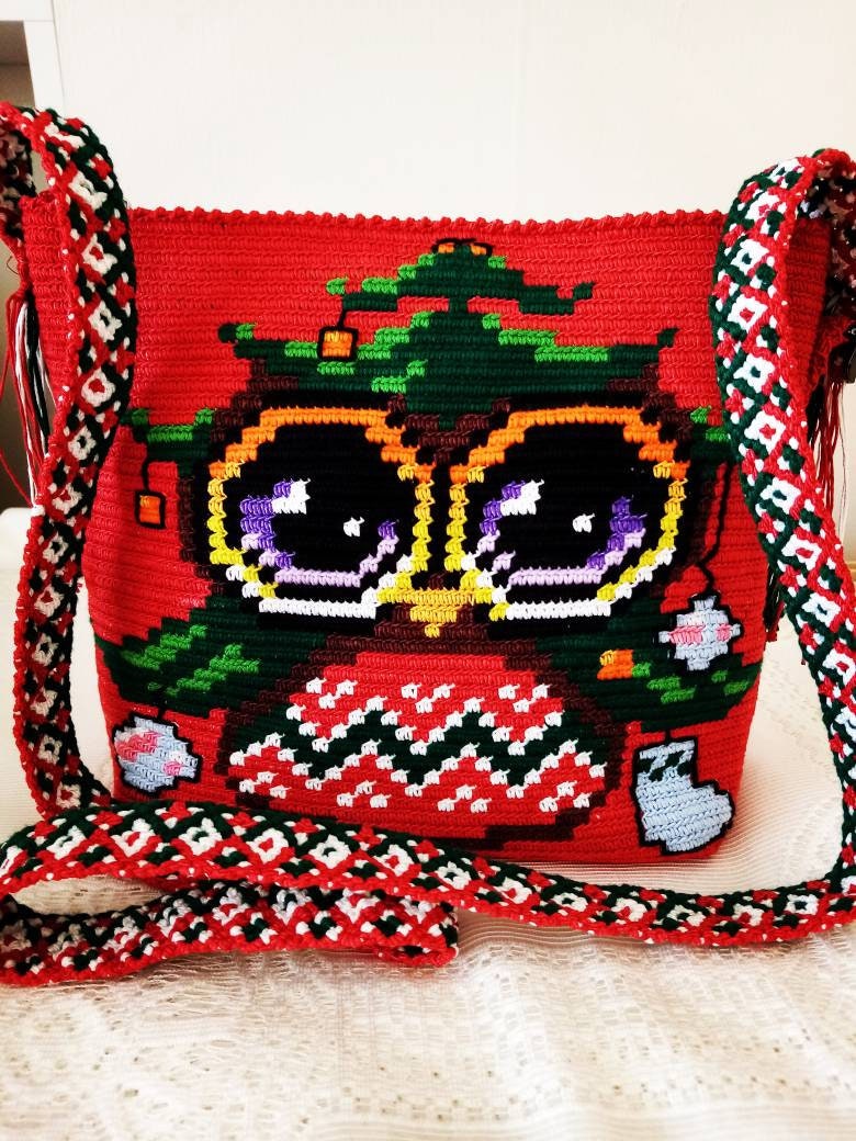 Crochet Owl Purse: Handmade Red Festival Bag with Macrame Strap