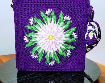 Bolso de ganchillo morado, diseño de rosas, correa de macramé, bolso Art to Wear