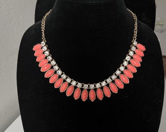 Y2K J Crew Faux Coral Gold Tone Rhinestone Signed Bib Statement Necklace Chunky