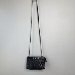 Vtg Brighton Crossbody Purse Black Romag Embossed Leather Organizer Weave Accent image 2