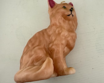 Vtg New Cat Candle Salmon Long Hair Green Eyes Unburned Kitten Figurine Statue