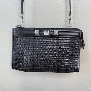 Vtg Brighton Crossbody Purse Black Romag Embossed Leather Organizer Weave Accent image 1