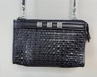 Vtg Brighton Crossbody Purse Black Romag Embossed Leather Organizer Weave Accent