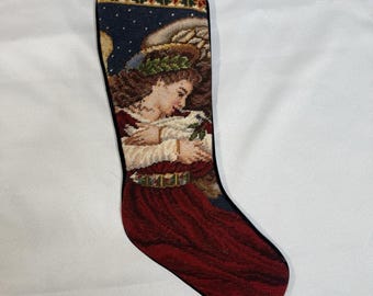 Vintage Christmas Needlepoint Stocking Cotton Wool Velvet Angel Dove Olive Leaf