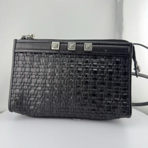 Vtg Brighton Crossbody Purse Black Romag Embossed Leather Organizer Weave Accent image 3