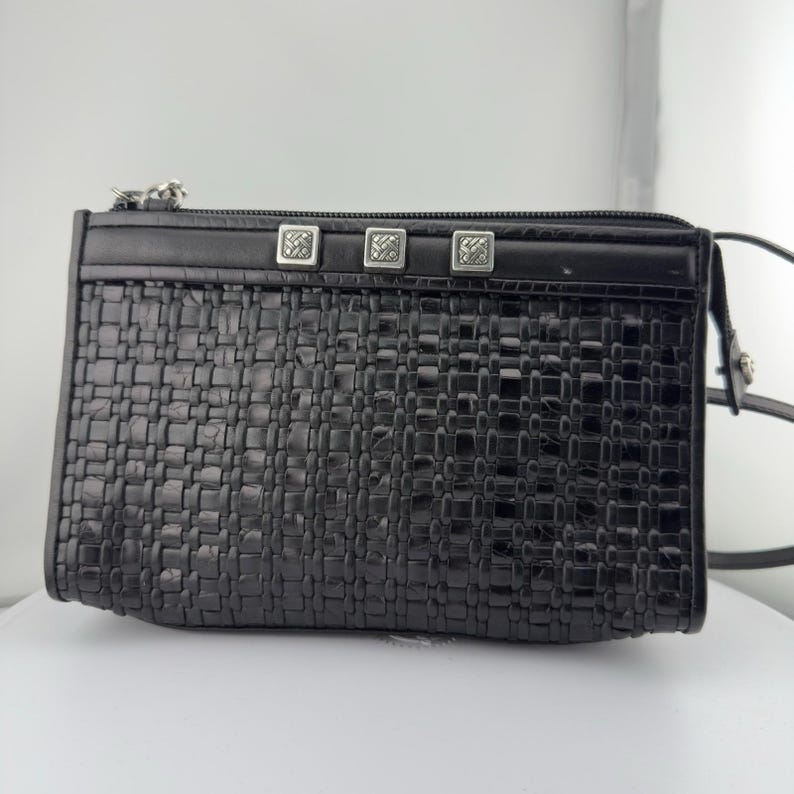 Vtg Brighton Crossbody Purse Black Romag Embossed Leather Organizer Weave Accent image 3