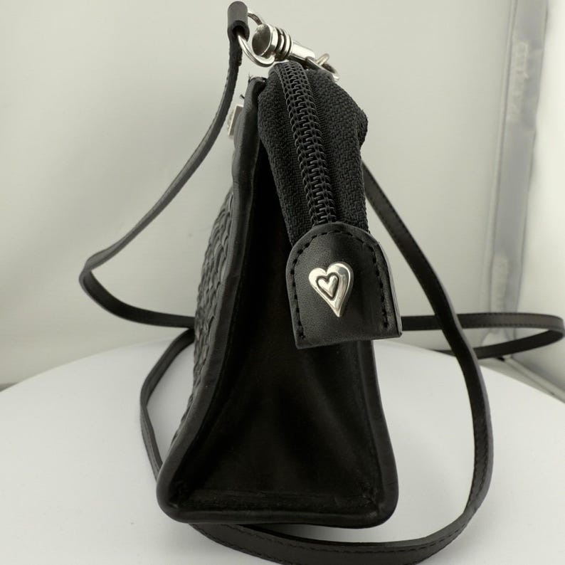 Vtg Brighton Crossbody Purse Black Romag Embossed Leather Organizer Weave Accent image 6