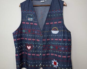 Vintage Napa Valley 2XL 90's Vest Denim Patchwork Embroidery Teacher School