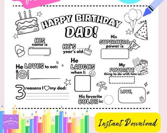 Página para colorear imprimible del cumpleaños de papá / Regalo de cumpleaños personalizado de papá / Regalo del padre / Actividad imprimible del cumpleaños del padre para niños