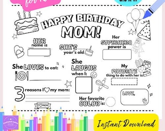 Página para colorear imprimible de cumpleaños de mamá / Regalo de cumpleaños personalizado de mamá / Regalo de mamá / Actividad imprimible de cumpleaños de mamá para niños