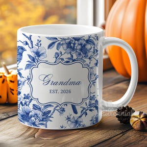 Blue Floral Toile De Jouy Mug Custom Grandma Gift Vintage Mug Gift for Mama Coffee Mug Personalized Gift Chinoiserie Mug French Art