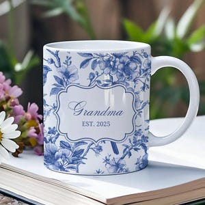 Taza de Toile de Jouy con diseño floral azul, regalo personalizado para abuela, taza vintage, regalo para mamá, taza de café, regalo personalizado, taza estilo chinoiserie, arte francés