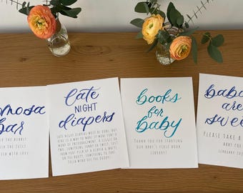 Baby Shower Sign Bundle | Watercolor Momosa Bar, Books, Diapers, Sweet Decor