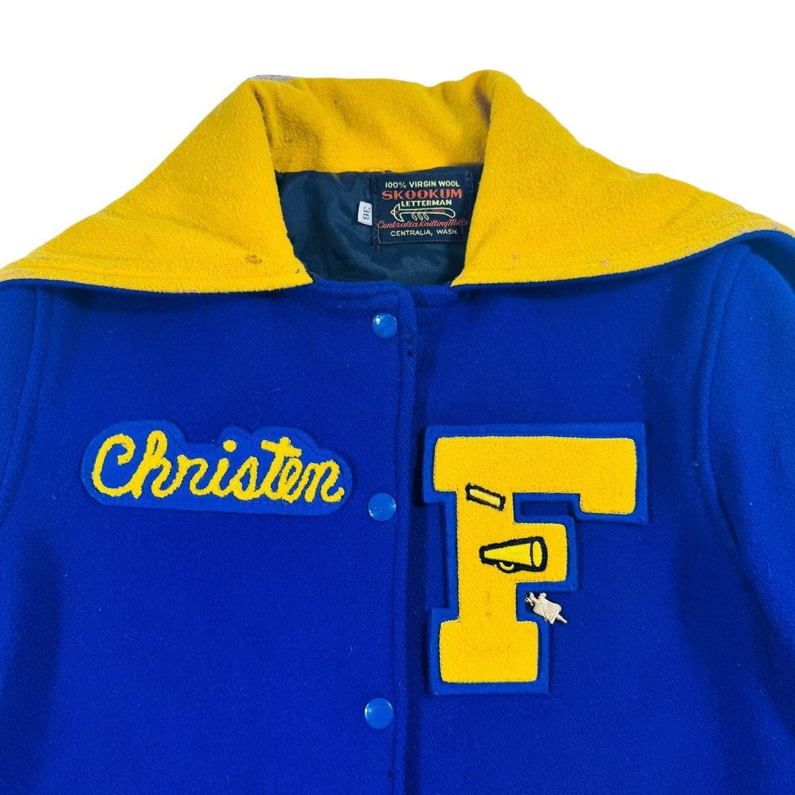 Vintage 1980s Skookum Letterman Cheerleader Jacket Blue Yellow 