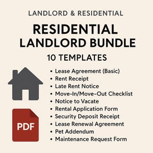 Lot de formulaires pour propriétaire résidentiel | Contrat de location, quittance de loyer, formulaire d&#39;entretien et plus - 10 modèles imprimables (PDF)