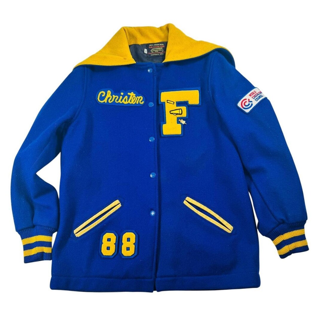 Vintage 1980s Skookum Letterman Cheerleader Jacket Blue Yellow 
