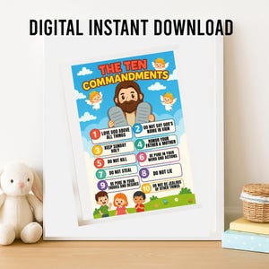 May include: A framed print of the Ten Commandments, featuring an illustration of Moses holding tablets. The print has a blue sky background with cartoon angels and children. Text at the top reads "DIGITAL INSTANT DOWNLOAD".
