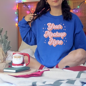 Gildan 18000 Christmas mockup, Gildan Royal blue sweatshirt mockup, Boho Christmas mockup, Blue Christmas sweatshirt mockup, Holiday mockup