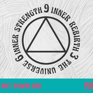 May include: Black and white graphic design of a circle with a triangle inside. The circle has the text "Inner Strength 9 Inner Rebirth 3 The Universe" written around it.
