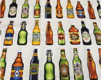Cheers Beer Bottles Fabric 1 Yard | Novelty Bar Pub Brewery Sewing Material Quilting