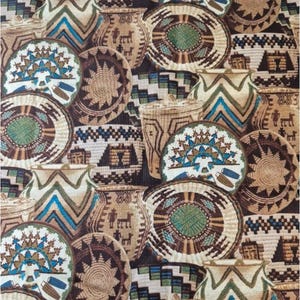May include: A repeating pattern of woven baskets and pottery in shades of brown, beige, blue, and green. The designs include geometric shapes, stylized animals, and decorative patterns. The image showcases a variety of textures and forms, suggesting a theme of handcrafted goods.