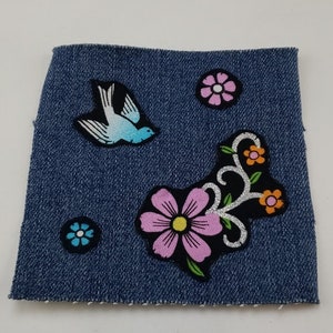 Handmade Square Denim Sew On Patch Dove and Flowers Upcycled 4 x 4