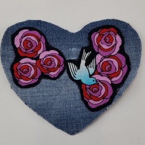 Heart Shaped Denim Sew On Patch Roses and a Dove Upcycled Patch