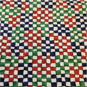 May include: A fabric with a repeating checkerboard pattern. The squares are in red, green, blue, and white. The pattern is slightly distorted, giving it a woven appearance. The fabric is likely cotton or a similar material.