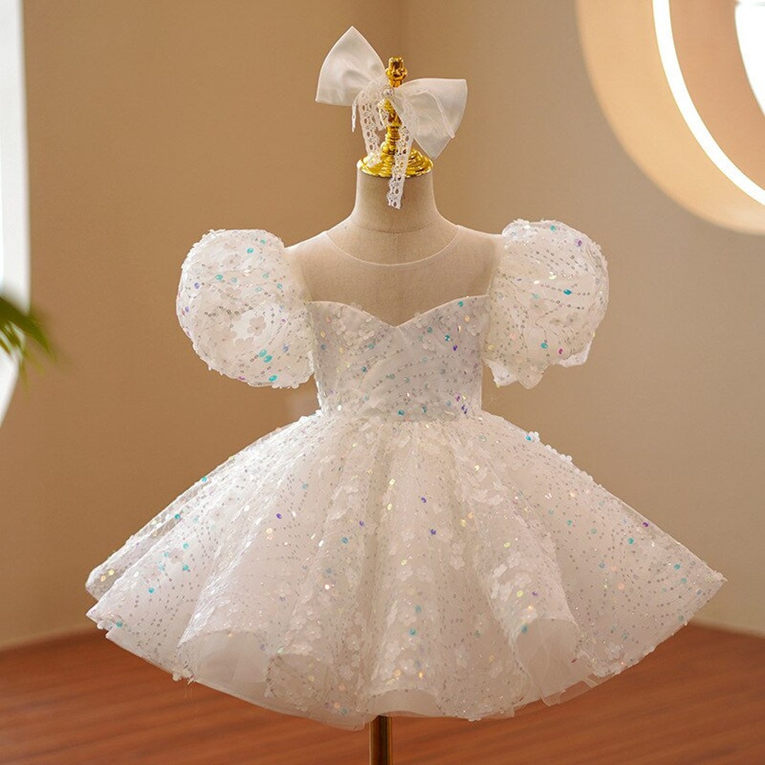 Baby Girl White Sequin Prom Dress Toddler Girl Fairy Dress 