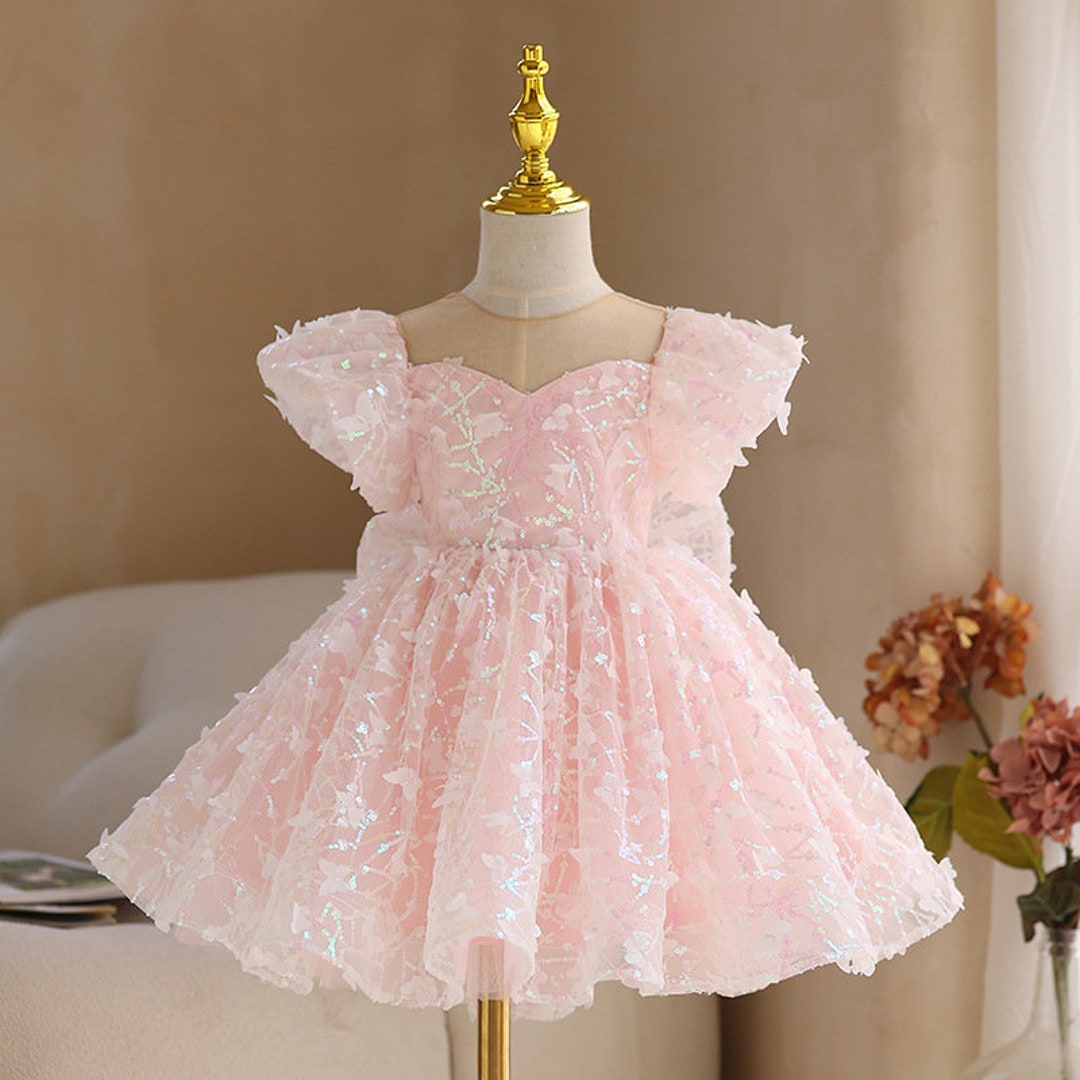 Pink Butterfly Girls 7-16 Pearl Mesh Border Dress