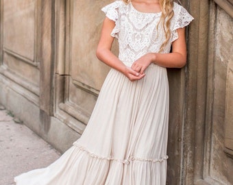 Girl Lace Long Dress - Boho Wedding Dress - Flower Girl Dress, White Lace Wedding Dress - Princess Girls Long Dress – Bridesmaid Dress