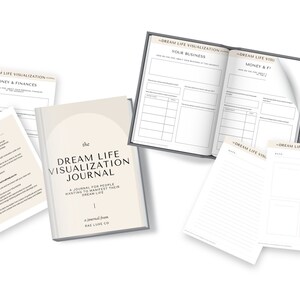 May include: A beige journal with the title "The Dream Life Visualization Journal" and the subtitle "A journal for people wanting to manifest their dream life". The journal is surrounded by several blank pages with headings like "Dream Life Visualization", "Money & Finances", and "Your Business".