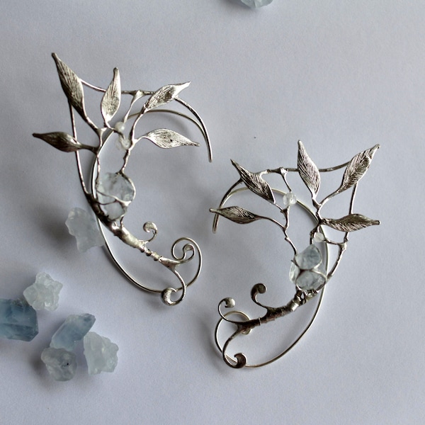 Elf ears cuffs with leaves and celestine