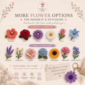 May include: A display chart titled MORE FLOWER OPTIONS FOR MAGNETS & KEYCHAINS by Wild Rose Roots, featuring illustrations of crochet-style flowers including hibiscus, rose, dahlia, daisy, tulip, lily, lavender, chamomile, peony, hydrangea, sunflower, carnation, and forget-me-not.