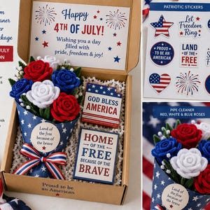May include: A gift box containing a bouquet of red, white, and blue pipe cleaner roses wrapped in star-patterned paper, two rectangular wooden signs with patriotic text, and a sheet of patriotic stickers featuring American flag motifs.