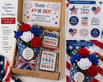 Patriotic Gift Box | Red White & Blue Pipe Cleaner Flower Care Package | 4th of July Gift | Military Appreciation Gift | Veteran Gift Box
