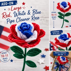 Op de afbeelding: Een grote roos gemaakt van rode, witte en blauwe pijpenragers, met een groene steel en bladeren. De bloem is ongeveer 25 tot 28 cm hoog. De tekst op de afbeelding bevat 'ADD-ON Large Red, White & Blue Pipe Cleaner Rose'.