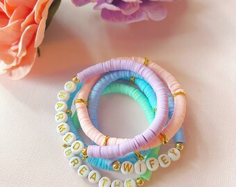 Spring Heishi Bracelet Personalized Stackable Bracelets Handcrafted Custom Name Bracelet Letter Bead Bracelet Lavender Mint