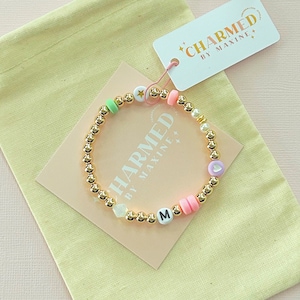 Pulsera de cuentas con inicial chapada en oro de 14 k, pulsera de cuentas de oro personalizada, pulsera de la amistad, regalo, pulsera de cuentas de oro, linda pulsera de cuentas con letras