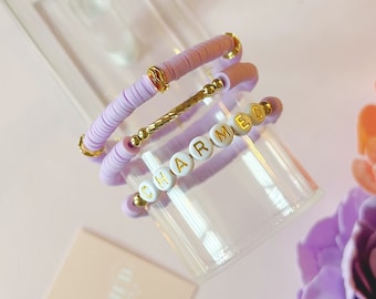 The Spring Stack Spring Heishi Bracelet Custom Heishi Bracelet Stack Custom Name Bracelet Letter Bead Bracelet Lavender Mint