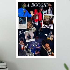 May include: A collage of images featuring a rapper, A Boogie wit da Hoodie. The collage includes photos of the rapper, lyrics, and other imagery related to his music. The background is a dark blue with a blue and white gradient.