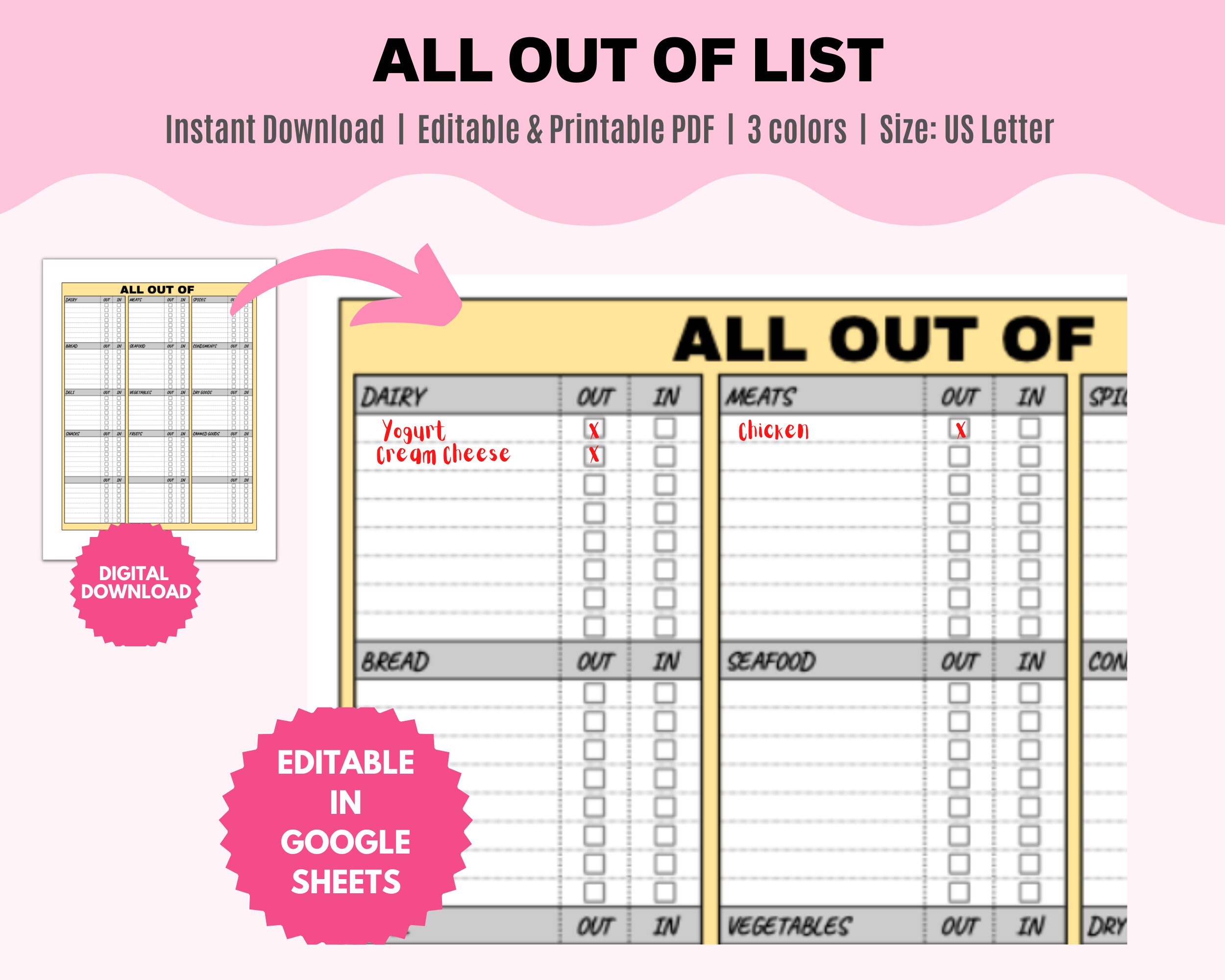 Printable All Out of List. Google Sheets Editable List All - Etsy UK