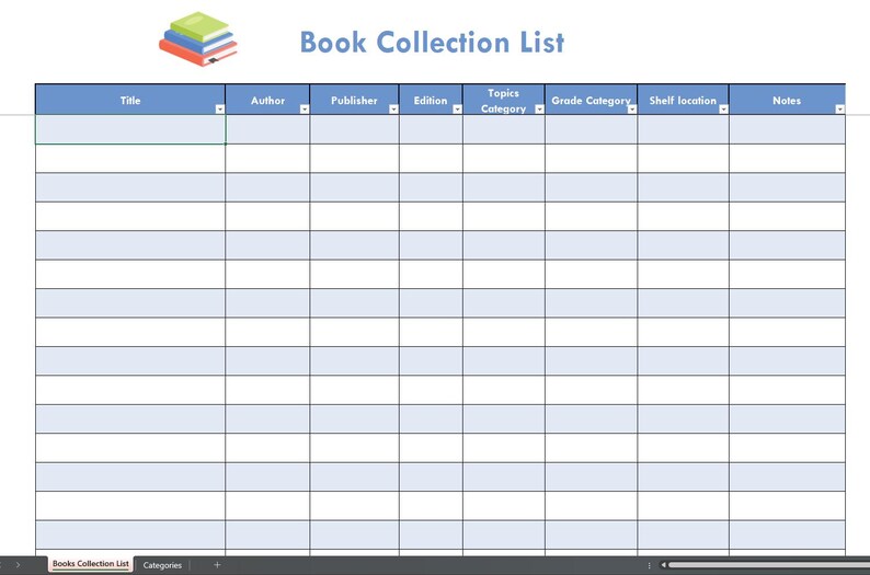 Book, Collection List, Digital, Excel, Arrange - Etsy